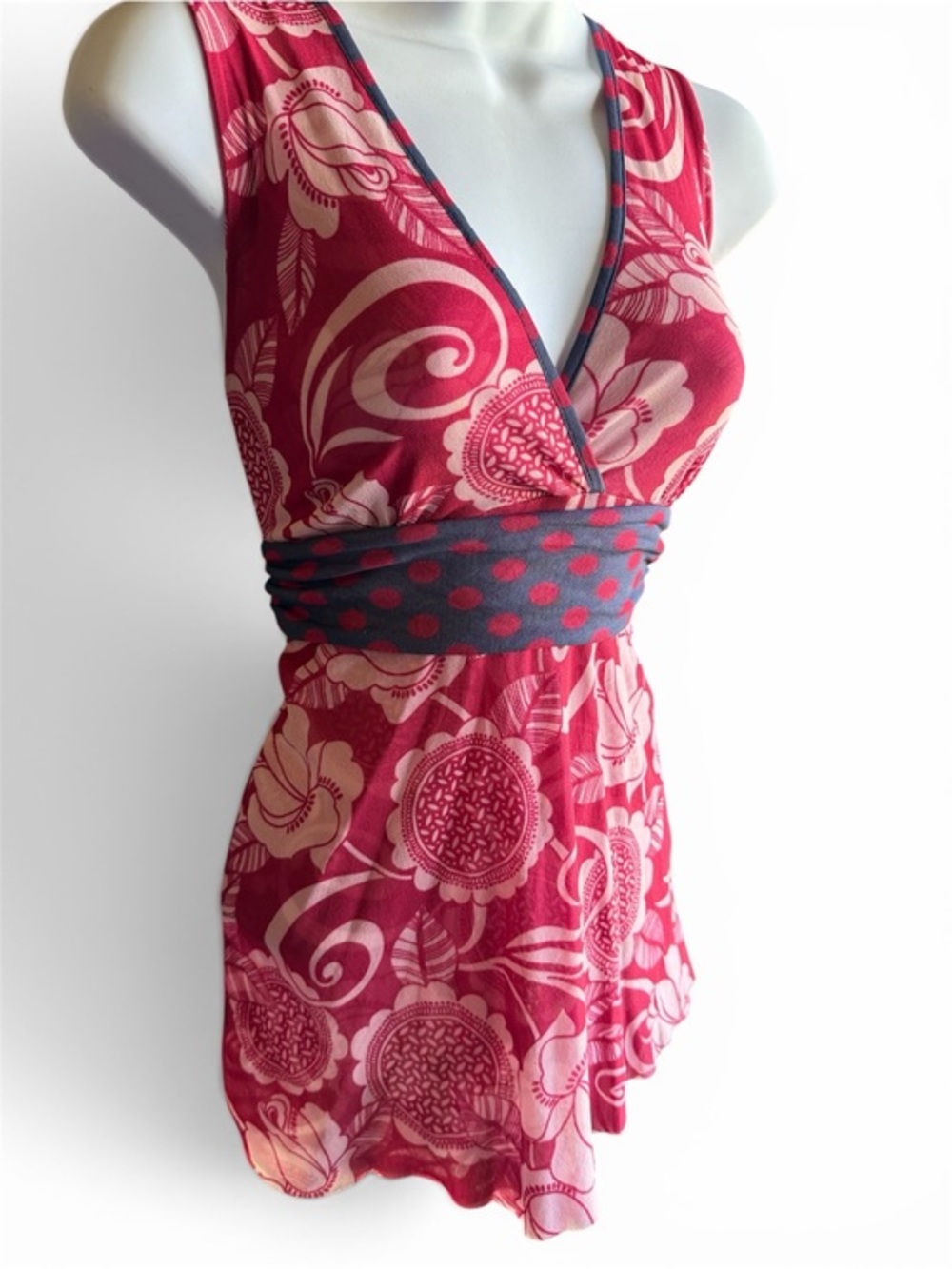 Floral Empire-Waist Sleeveless Top Red Whote Blue Floral